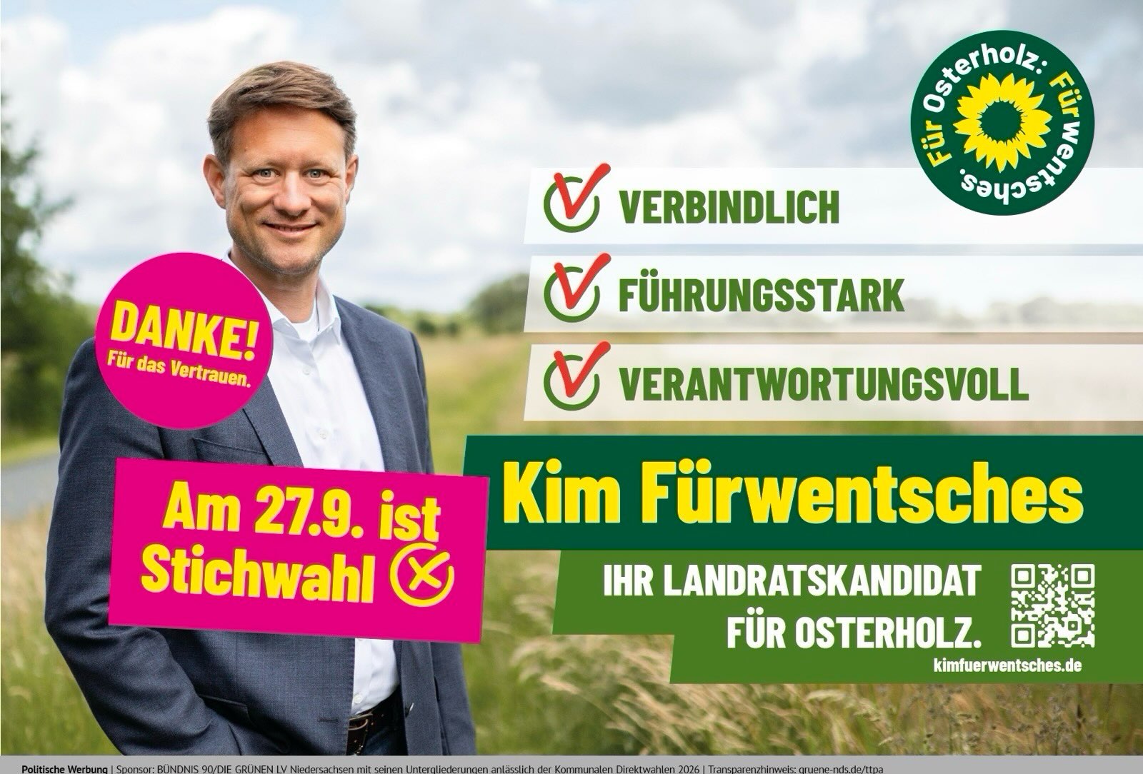 Kim for Landrat: @kimfuerwentsches hat ein starkes Zeichen gesetzt und liegt in Führung. Diesen Vorsprung gilt es zu halten. Helft alle mit. 💚#landrat #schwanewede #osterholz #fürwentsches
